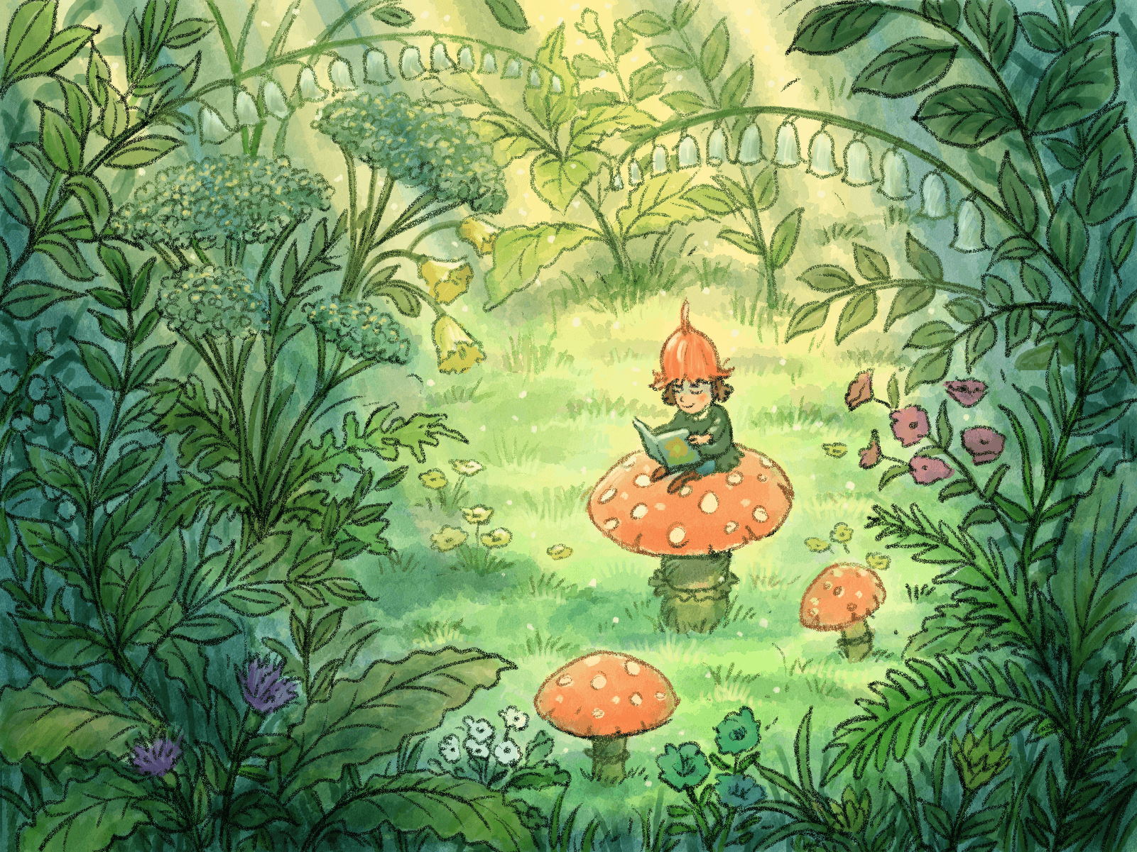 Fairy sitting on a toadstool reading a book gift card