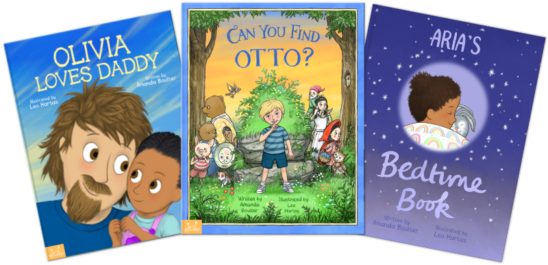 Personalised Books for Children - Three of our books on display, (Your Child) Loves Daddy, Can You Find (Your Child), (Your Child's) Bedtime Book